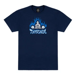 Thrasher Magazine WHO CARES Skateboard T Shirt NAVY w/Art By Neckface - Picture 1 of 1
