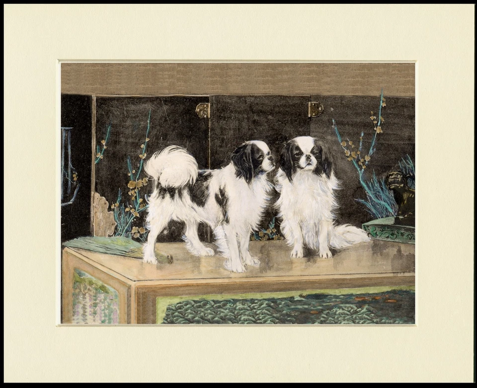 JAPANESE CHIN TWO LITTLE DOGS CHARMING DOG PRINT MOUNTED READY TO FRAME - Image 1 of 1