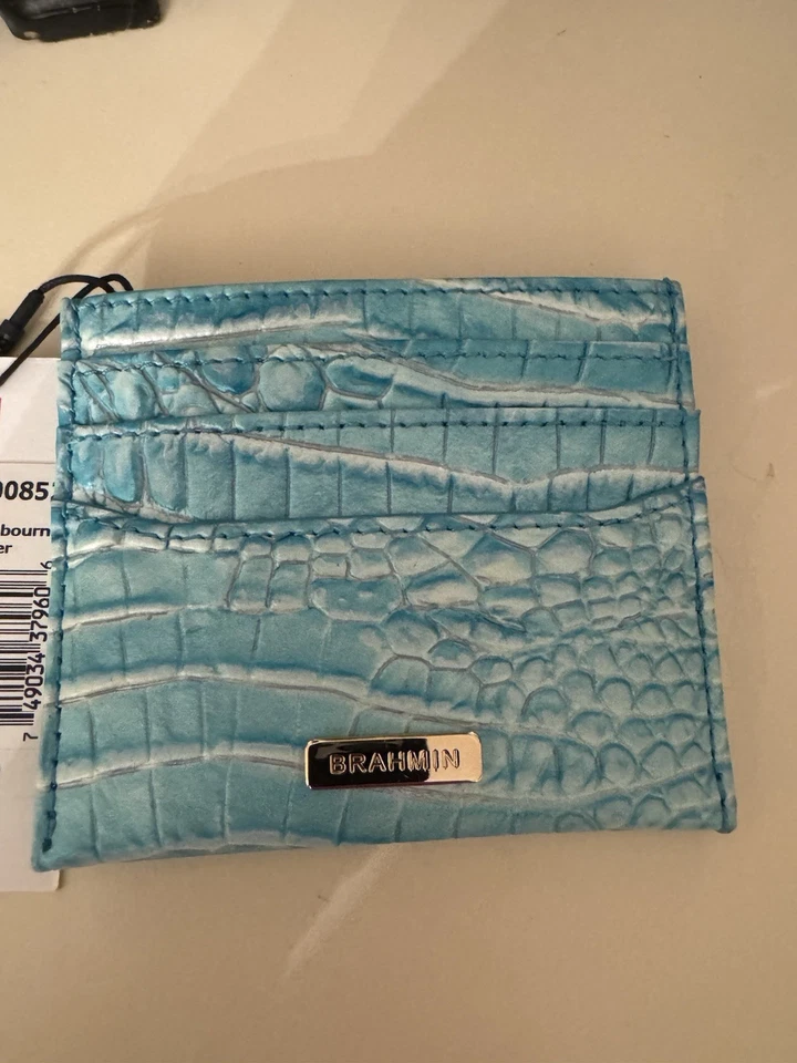 BRAHMIN CHERYL DUSTY BLUE MELBOURNE LEATHER CREDIT CARD CASE SLIM WALLET