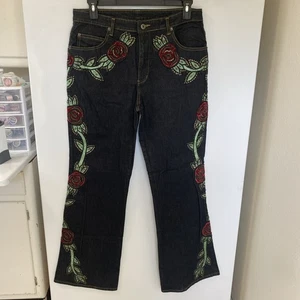 NWT. Vtg. Suzanne Somers High Rise. Wide Leg Jeans Rose Appliques. Beaded. Sz 14 - Picture 1 of 11