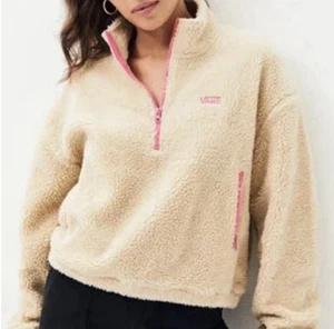 VANS 1/4 Zip Sherpa Pullover Womens Medium Tan Pink Fuzzy Fleece Jacket Sweater - Picture 1 of 7