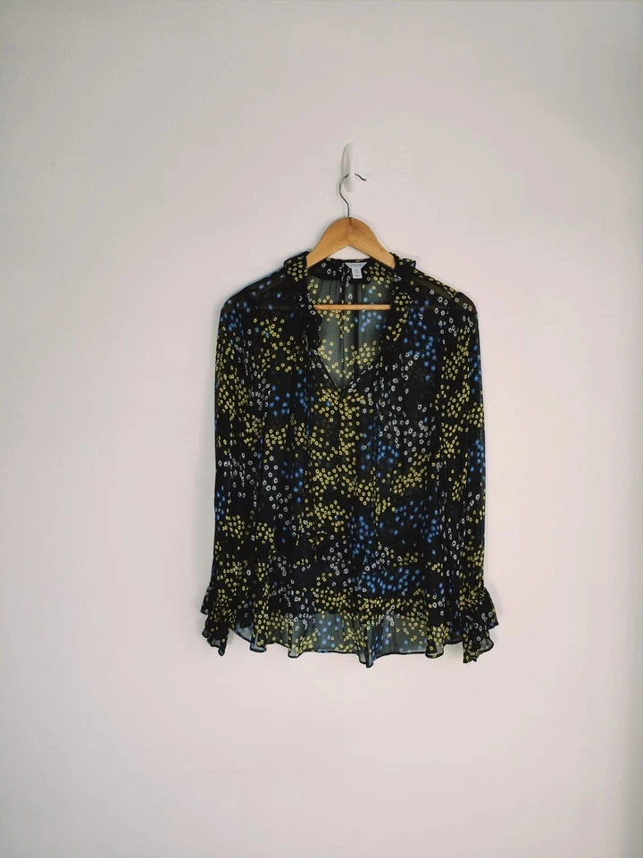 Jigsaw Blouse Size 10 Womens Black Lime Blue Animal Floral Crinkle Chiffon Sheer - Image 1 of 4