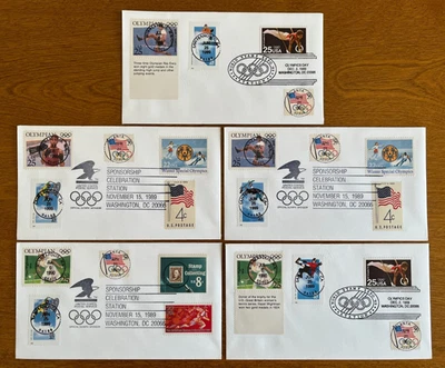 5) OLYMPICS 1989 WORLD STAMP/CELEBRATION STATION  3 POSTMARKS/ 4-5 STAMP COMBOS - Image 1 of 4
