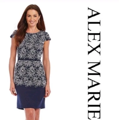 Usado en Excelente Condición Vestido Vaina Alex Marie Azul Marino Blanco Floral Bordado Hasta la Rodilla (14) #0488 Foto 1 de 4