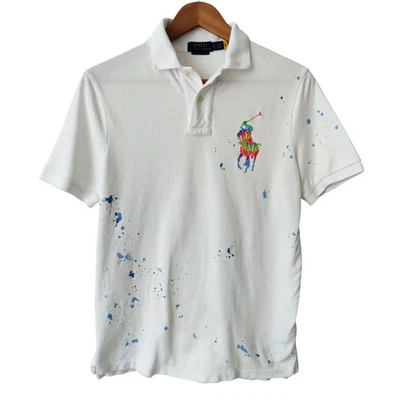 POLO RALPH LAUREN White Polo S Tie Dye Big Pony Paint Splatter Shirt Men's - Image 1 of 4