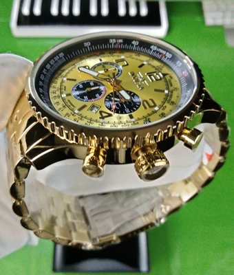 Reloj de cuarzo Invicta Aviator para hombre 49081 caja dorada SS pulsera esfera de latón WR 200 M Foto 1 de 4