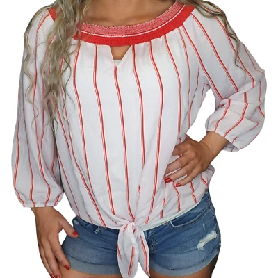 Blusa Rosa Roja a Rayas Juniors XXL Frontal Corbata Manga Abullonada Cuello Redondo Cerradura Foto 1 de 4