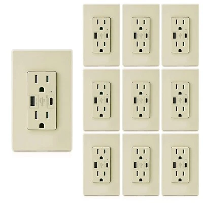 Toma de pared USB tipo C UL receptáculo dúplex 15A, carga rápida inteligente 4,8 A, paquete de 3 Foto 1 de 4