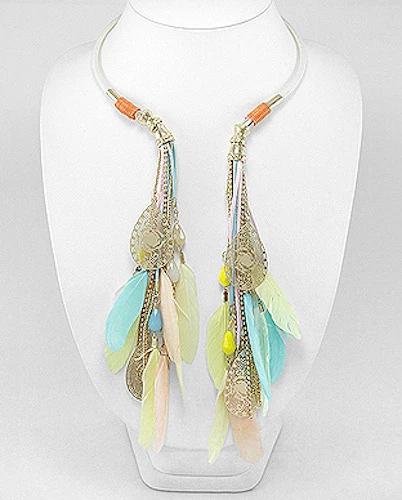 Turquoise, Yellow & Tan Feathers 18" Necklace Fashion Stylish Sexy Fun & Flirty - Image 1 of 1
