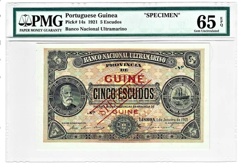 Portuguese Guinea Guine 5 Escudos 1.1.1921 Pick 14s Specimen PMG Gem Unc. 65 EPQ Cover