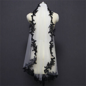 Black Lace edge Bridal Wedding Veils with Comb 1 2 Layer Tulle accessories short