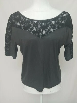 EXPRESS TOP XS GRAY BLACK LACE SHORT SLEEVE SCOOP NECK PULLOVER - Image 1 of 4