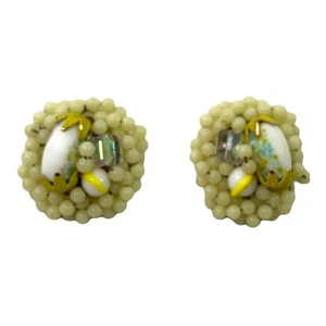 Vintage Earrings Beaded Cluster Clip On Japan Yellow Cream Estate Jewelry - Picture 1 of 4