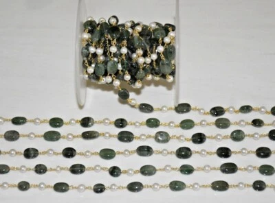 Cadena de rosario con cuentas de piedras preciosas y perlas ovaladas verdes chapada en oro hágalo usted mismo para hacer joyas Foto 1 de 4