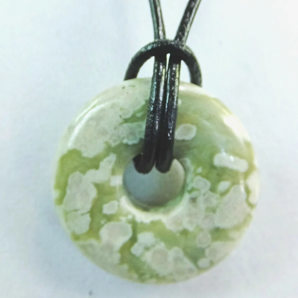 Green & White Peace Jasper Small 1 1/4" Stone Donut Leather Cord Necklace #15 - Image 1 of 1