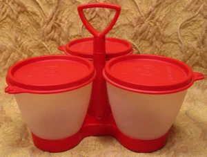 vintage TUPPERWARE 3 container condiment caddy for picnics camping-RED - Picture 1 of 5