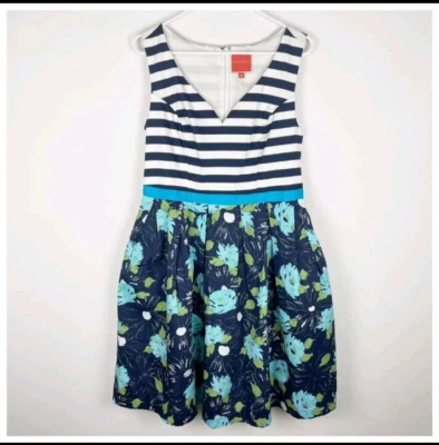 Modcloth Retro Náutico Rayas Estampado Lilypad Cuello en V Talla Bolsillos Grandes Mgd Foto 1 de 4