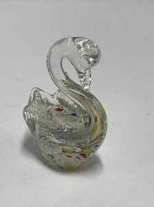 Murano Italy Glass Swan Figurine Blue Rainbow Silver Flecks Millefiori Flowers - Picture 1 of 6