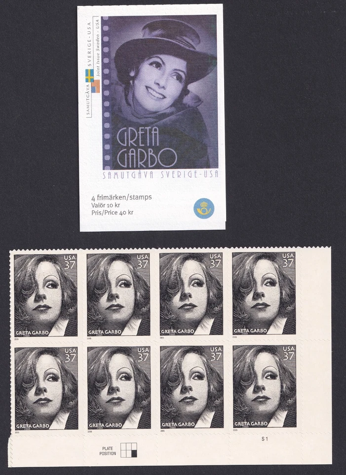 Scott #3943 Greta Garbo Plate Block of 8 Stamps - MNH w/Swedish booklet (2517C) - Image 1 of 1