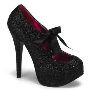 Bordello Teeze-10G Black Glitter Shoes With Ribbon Bow IN-STOCK - Picture 1 of 1