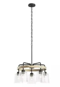 NEW! Bolson 24" 5-Light Black W/Distressed White Wagon Wheel Circle Chandelier - Picture 1 of 8