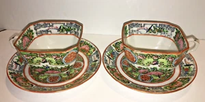 lote de 2 ANTIGUOS Famille Rose Medallion taza de café de té cuadrada y platillo redondo - Imagen 1 de 5