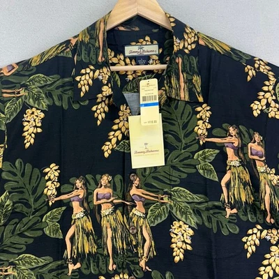 Camisa de Campamento Tommy Bahama Aloha Para Hombres Grande Negra Hula Niña Cuello Lazo Isla Rara Foto 1 de 4