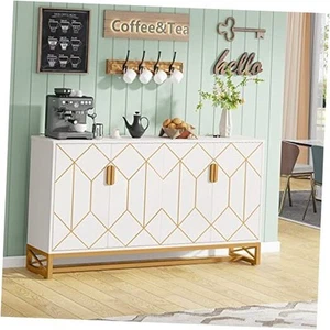 White Gold Storage Cabinet with Door and Adjustable Shelves for Living Room, - Picture 1 of 7