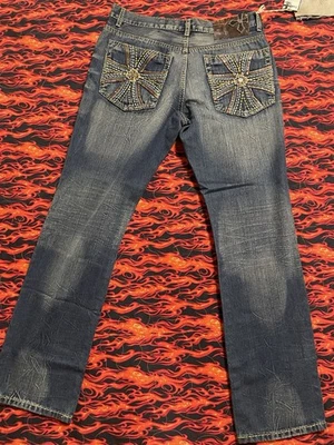 NUEVO CON ETIQUETAS Y2K/2000s FRANKYMAX HOLGADO PIERNA ANCHA JEANS BORDADO DENIM AZUL GRUGE 34x32 Foto 1 de 4