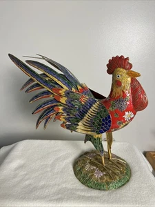 Cloisonné Emaille Hahn Figur Blumenmotive Metall 13" Vintage LESEN! - Bild 1 von 11