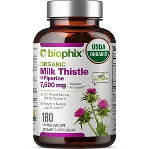 biophix Milk Thistle USDA Organic 30:1 Extract 7500 mg with Piperine 180 Vcaps - Picture 1 of 9