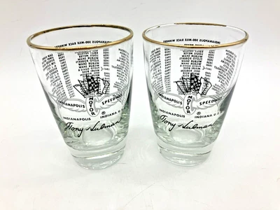 2 Vintage 1975 Indianapolis 500 Drinking Glasses Gold Trim All Winners List - Image 1 of 4