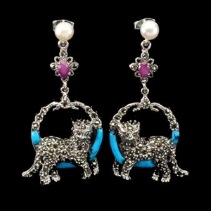 Pendientes De Plata 925 De Verano Con Rubí, Turquesa, Perla Y Marcasita - Imagen 1 de 10