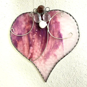 Vintage Stained Glass Pink Heart Suncatcher 6.5” Pink Purple Window Mobile - Picture 1 of 11