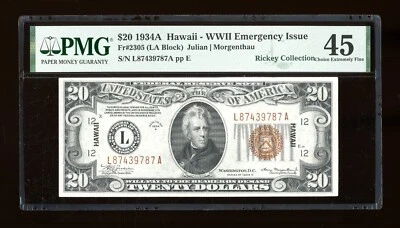 DBR 1934-A $20 FRN Hawaii LA Block Fr. 2305 PMG 45 Serial L87439787A - Image 1 of 2