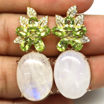 925 Sterlingsilber Blau Regenbogen Mondstein, Peridot & Zirkonia Ohrringe - Bild 1 von 4