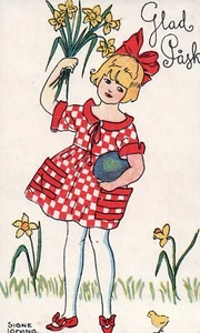 Glad Pask  Signe Lofving Artist Girl Chick  Egg Daffodils Easter - Picture 1 of 2