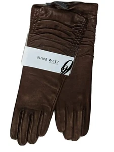 Nine West Women's Leather  Ruched Cuff, 12" Gloves, Brown,  Size Medium, NEW - Picture 1 of 5