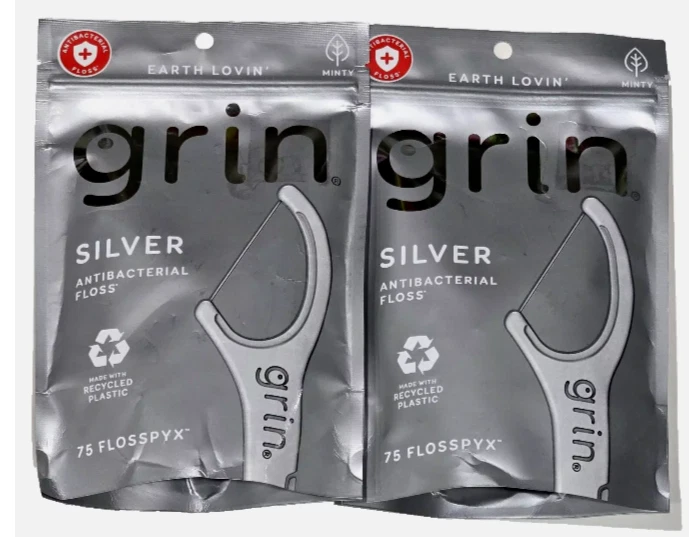 Pacote com 2 fio dental antibacteriano Earth Lovin Grin prata pequena 150 ct total - Imagem 1 de 1