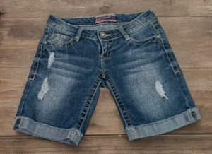 Wallflower Womens Junior Denim Shorts Size 1 Distressed Embroidered Hemmed - Picture 1 of 14