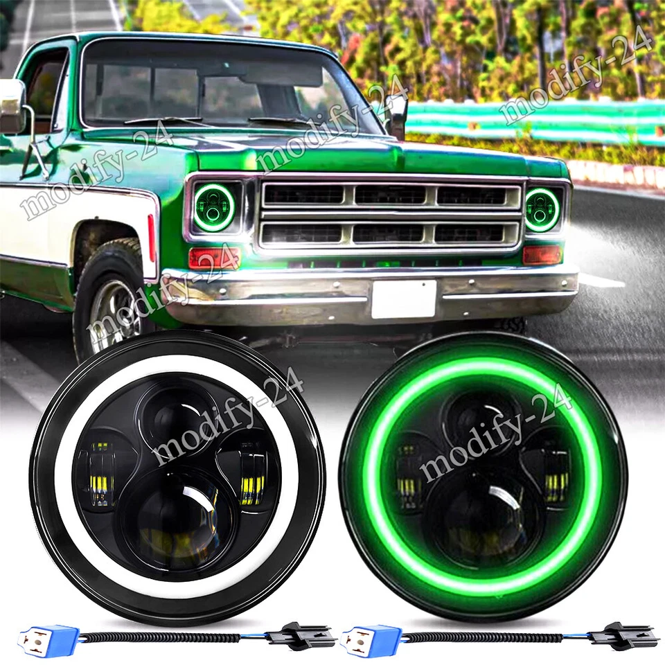 Par de faros LED redondos de halo verde de 7 pulgadas para GMC C1500 C2500 C3500 1973-1979 Foto 1 de 4