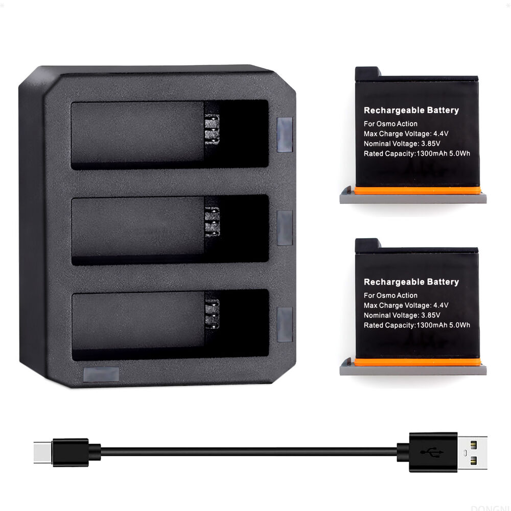 2 Pack 1300mAh Battery & 3-Channel USB Charger Dock for DJI OSMO Action Camera