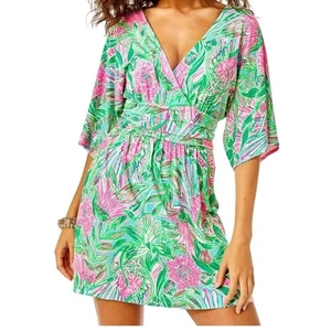 Mameluco corto Lilly Pulitzer Parigi azul rosa floral cuello en V manga aleteada talla M - Imagen 1 de 10