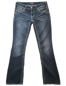 Pantalones de mezclilla plateados para mujer Aiko Bootcut 30x33 ajuste curvilíneo bordado occidental Y2K - Imagen 1 de 11