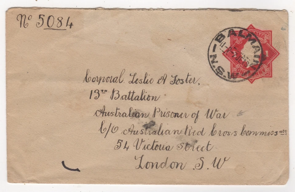 7 de junio de 1918. Censor POW PSE. Balmain a Cruz Roja Australiana, Londres. Foto 1 de 2