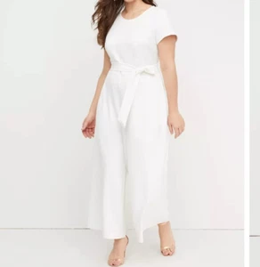 NEW LANE BRYANT Sz 12 Crepe White Lena Wide Leg Belted Jumpsuit w/ Pockets - Picture 1 of 9