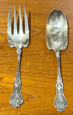 Antique Art Nouveau Sterling Silver Whiting Violet Pattern Salad Fork Spoon Set Cover