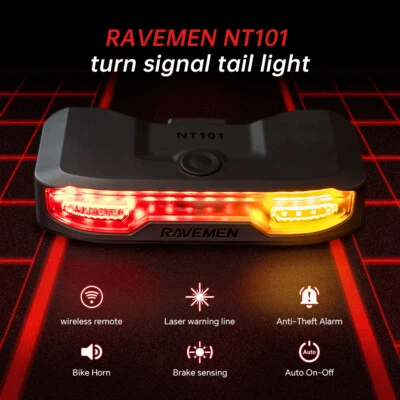 RAVEMEN Bike Rear Light Led Bicycle Turn Signal Wireless Remote NT101 Anti-thief - Image 1 of 4