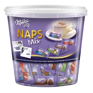 Milka Naps Mix Mini Schokoladentäfelchen Alpenmilch Erdbeer Haselnuss 1 kg Dose - Bild 1 von 8