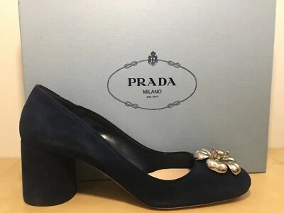 NUEVO PRADA Tacón Bloque Azul Marino Gamuza Cuadrado MARY JANE Plata Logo Bomba 40.5 - 10 Foto 1 de 4
